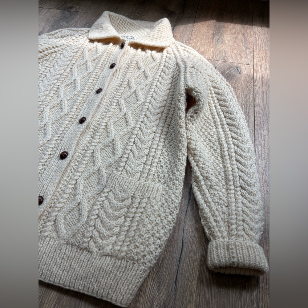 Macmillan of Scotland Cable Knit Wool Cardigan Sweater Large UK 42 Aran Unisex - Picture 10 of 16